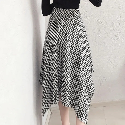 Spring Women Retro High Waist Irregular Hem Wool Houndtooth Skirt For Winter And Autumn