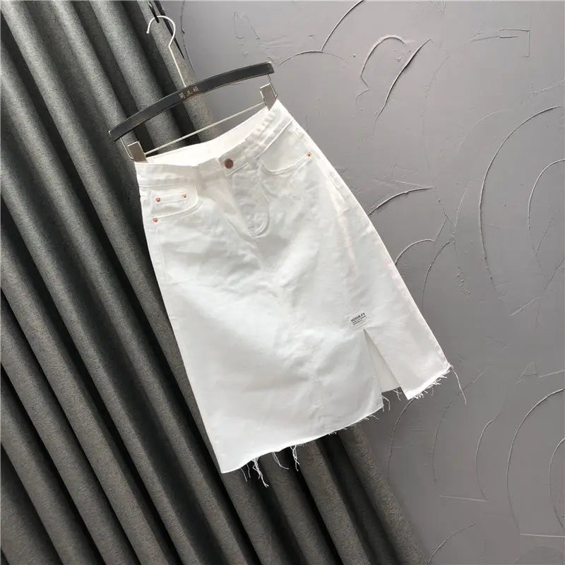White casual half-length denim skirt women's new summer high waist split A-line bag hip skirt trend Solid Cotton