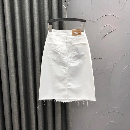 White casual half-length denim skirt women's new summer high waist split A-line bag hip skirt trend Solid Cotton