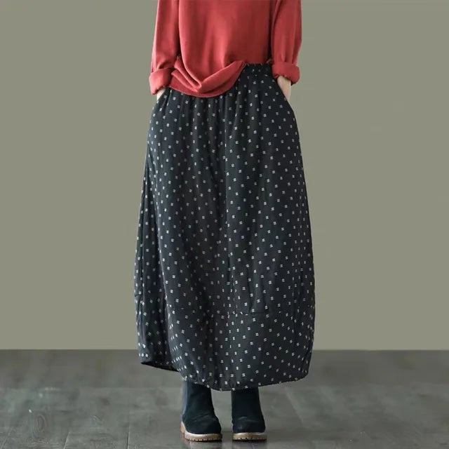 Women Loose Polka Dot Padded Skirts Ladies Vintage Elastic Waist Skirt Female Cotton Linen Winter Skirts