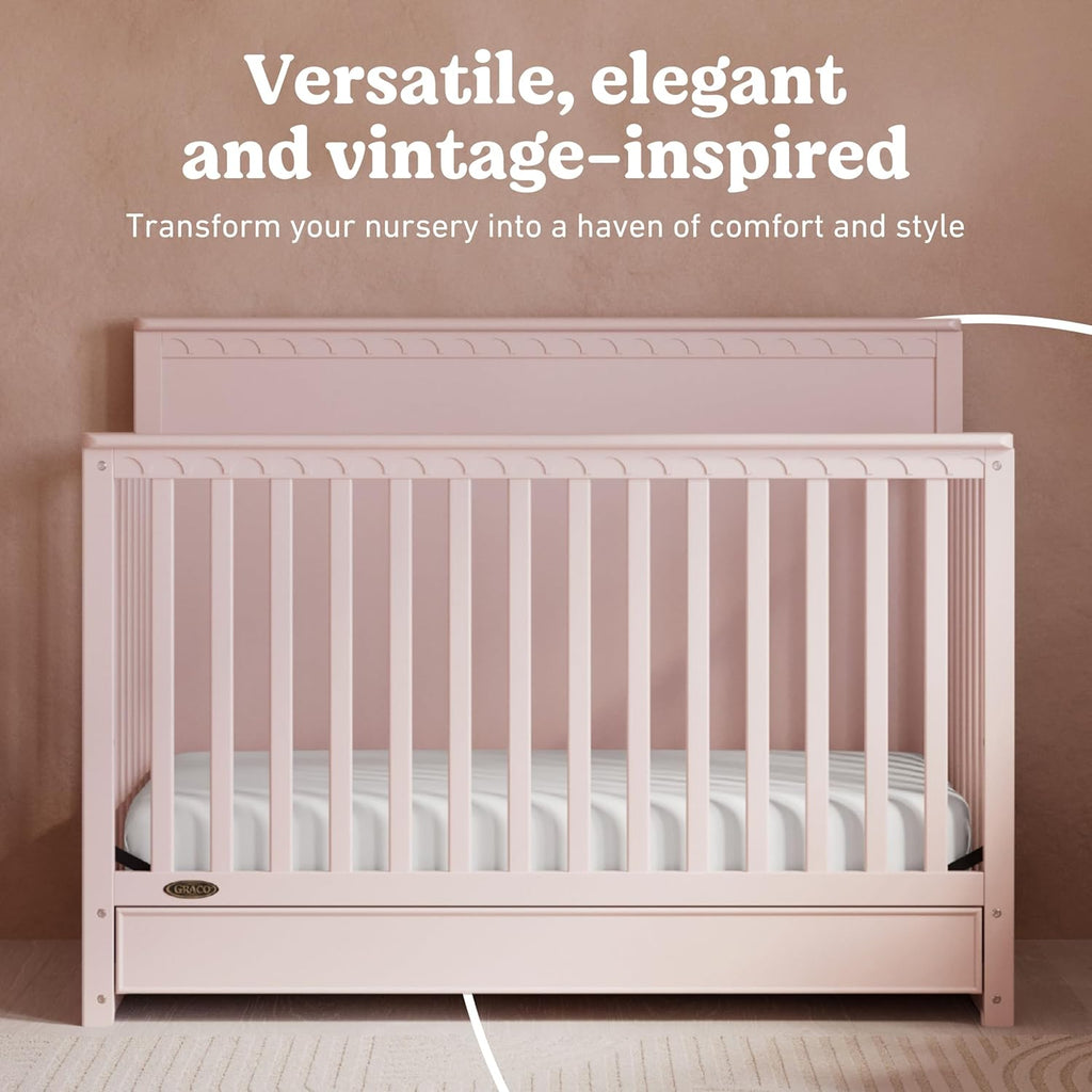 Graco Sasha 5-in-1 Convertible Crib with Drawer – GREENGUARD Gold Certified Wood Crib, Converts to Toddler Bed, Daybed, Full-Size Bed, Stylish Classic Design (Blush)