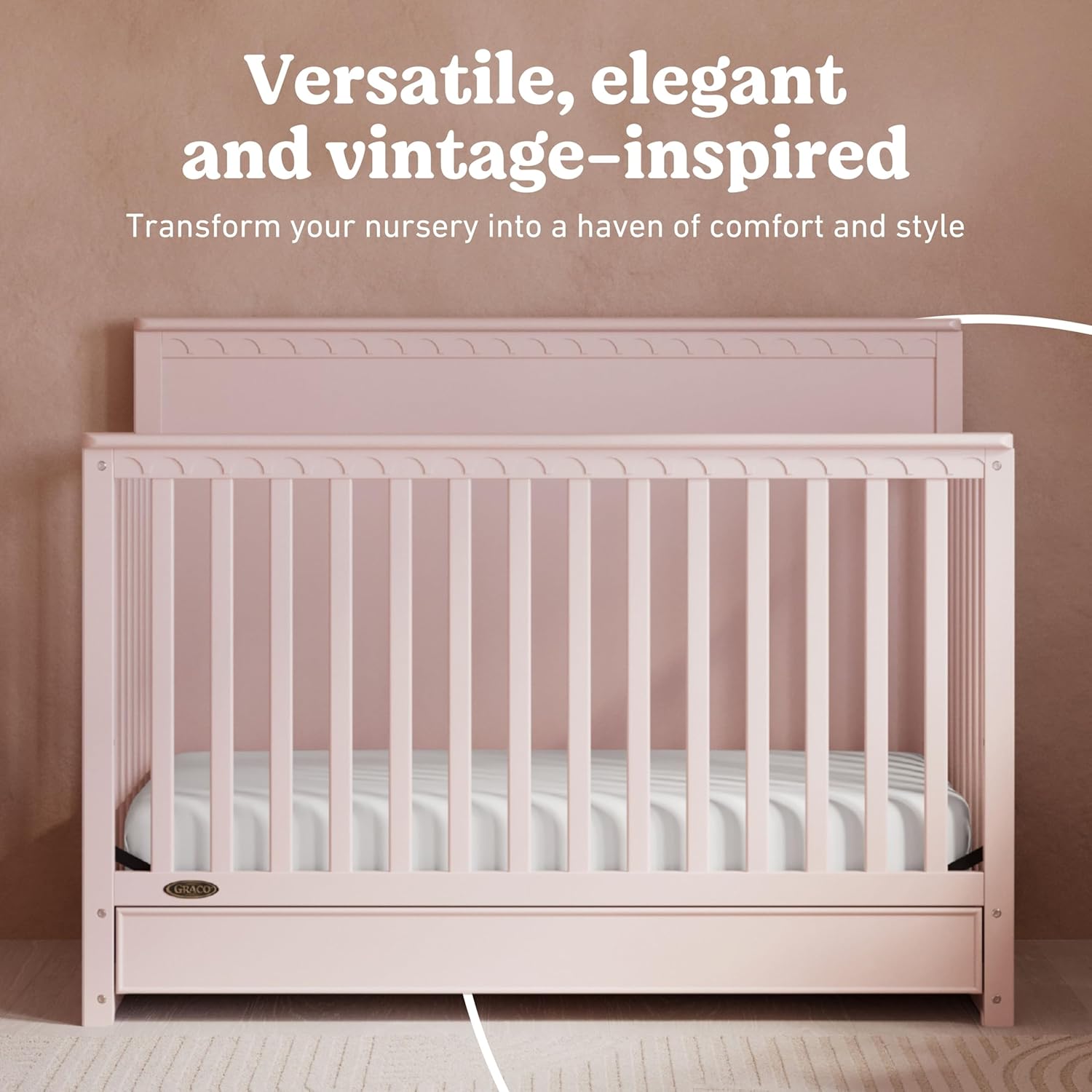 Graco Sasha 5-in-1 Convertible Crib with Drawer – GREENGUARD Gold Certified Wood Crib, Converts to Toddler Bed, Daybed, Full-Size Bed, Stylish Classic Design (Blush)