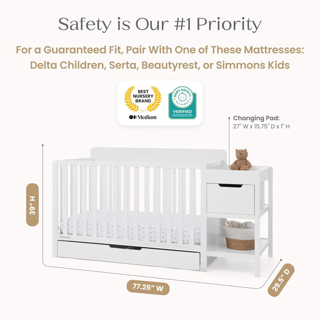 Delta Children Maya 5-in-1 Convertible Crib and Changer with Storage, Converts to Toddler Bed, Daybed, Sofa & Full Bed, Fits Standard Crib Mattress, 3 Mattress Heights for Baby Nursery, Bianca White