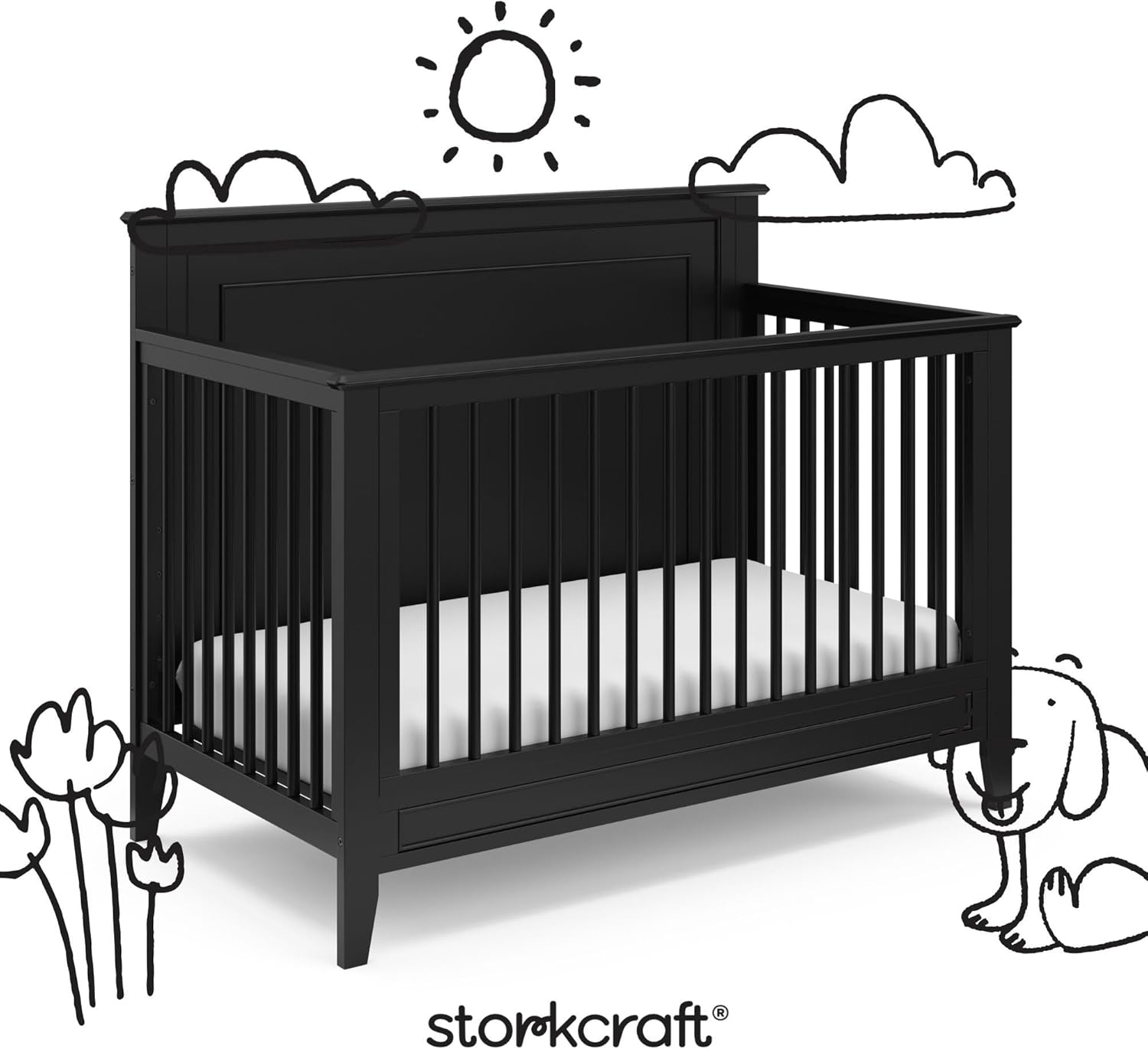 Storkcraft Solstice 5-In-1 Convertible Crib – GREENGUARD Gold Certified, Converts to Toddler Bed and Full-Size Bed, Fits Standard Full-Size Crib Mattress, Adjustable Mattress Support Base (Black)