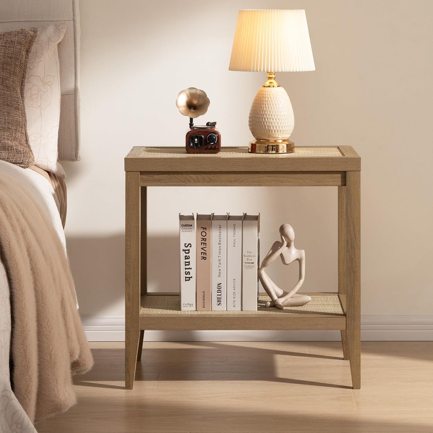 SICOTAS Rattan Nightstands Set of 2 Bedside Table - Boho Narrow End Table Living Room Set of 2 Side Table with Rattan Storage Shelves for Small Space