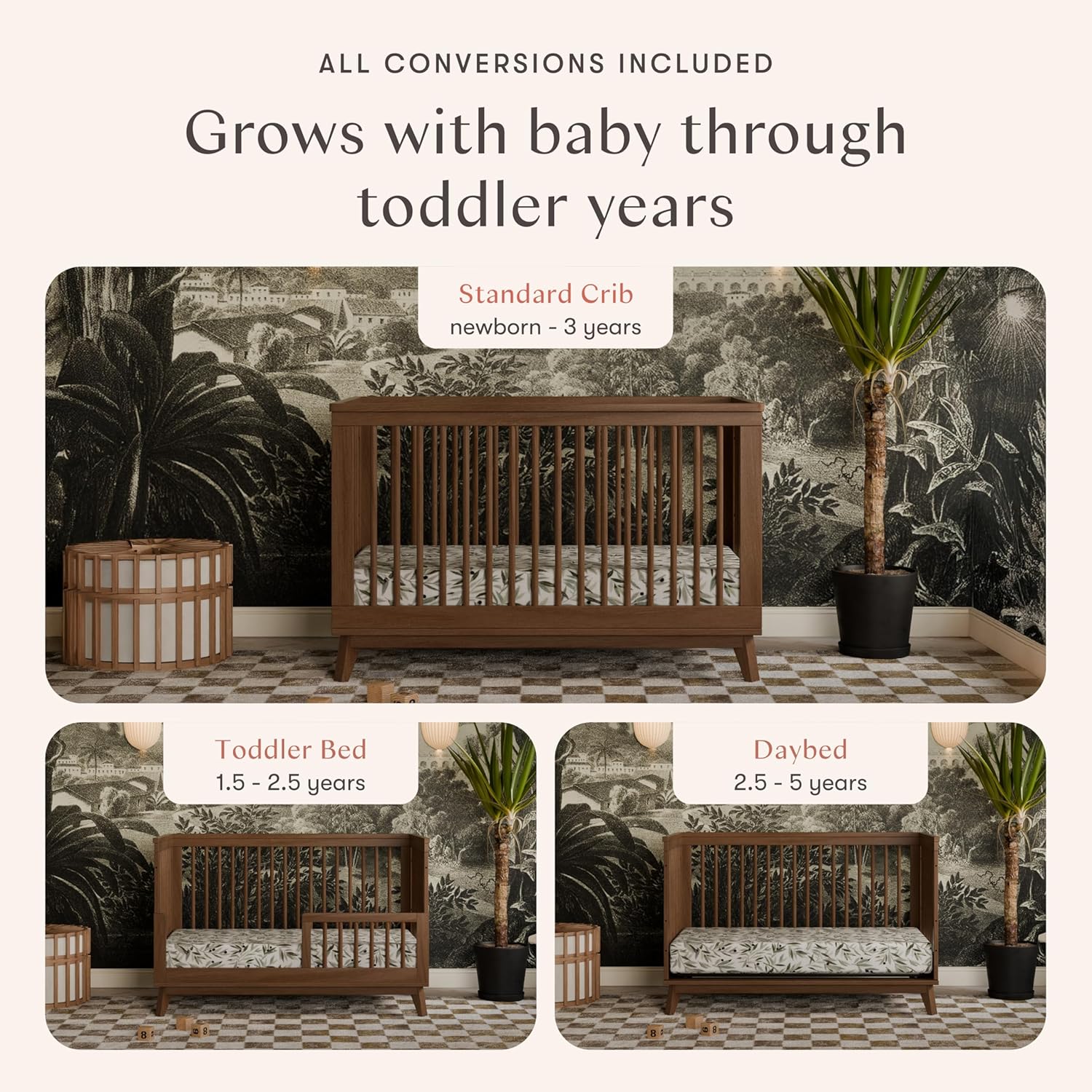 Babyletto Scoot 3-in-1 Convertible Crib with Toddler Bed Conversion Kit in Natural Walnut, Greenguard Gold Certified