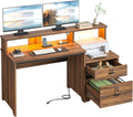 Bestier 55 Inch Wood Computer Desk with Lockable File Drawer, Charging Station & LED Lights - Home Office Desk with Storage Shelves, Printer Shelf & Monitor Stand, Wooden Desk for Study & Work, Walnut