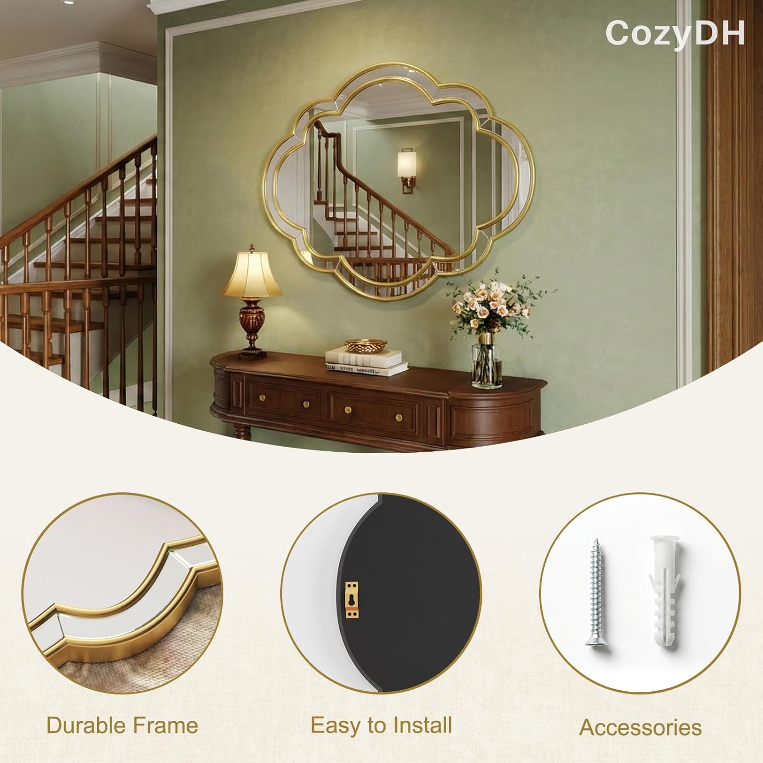 CozyDH Gold Scalloped Wall Mirror Decor - 32"x24" Decorative Wavy Mirror Large, Decorative Wall Art for Bathroom Entryway Fireplace Living Room Bedroom Hallway