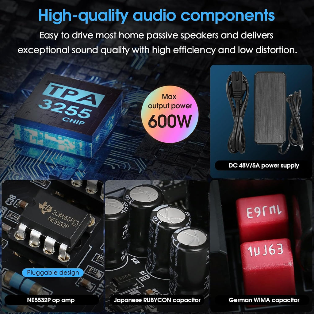 Nobsound 300Wx2 Stereo Amplifier with Phono Input - HiFi Class D Mini Power Amp for Home Theater, Turntables, Studio Monitor | TPA3255 Chip, RCA/MM Inputs, Bass/Treble Control (NS-13G MAX DC 48V)