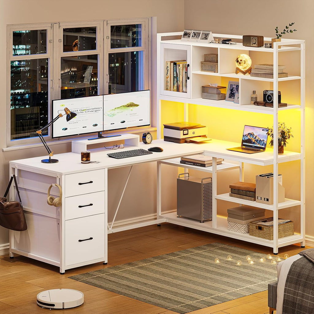SEDETA L Shaped Computer Desk, 58'' Office Desk with 3 Drawers and Bookshelf, L Shaped Corner Desk with Storage Shelves and LED Light for Home Office, Gaming Desk, L Desk, White