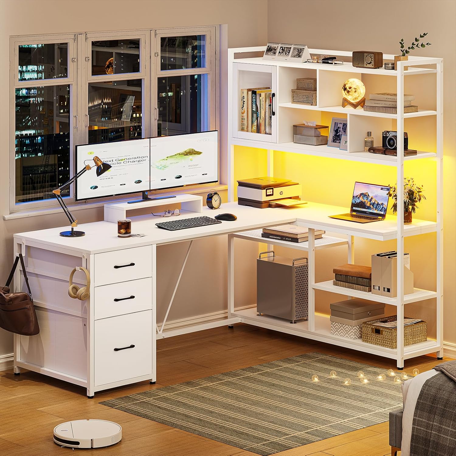 SEDETA L Shaped Computer Desk, 58'' Office Desk with 3 Drawers and Bookshelf, L Shaped Corner Desk with Storage Shelves and LED Light for Home Office, Gaming Desk, L Desk, White