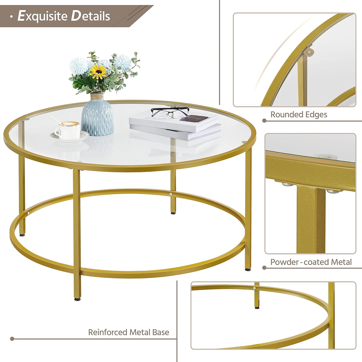 Yaheetech Coffee Table Set of 3, Round Coffee Table & 2pcs Accent End Table Easy Assembly w/Glass-Top Surface & Reinforced Frame for Living Room,Apartment,Small Space,Mustard Gold