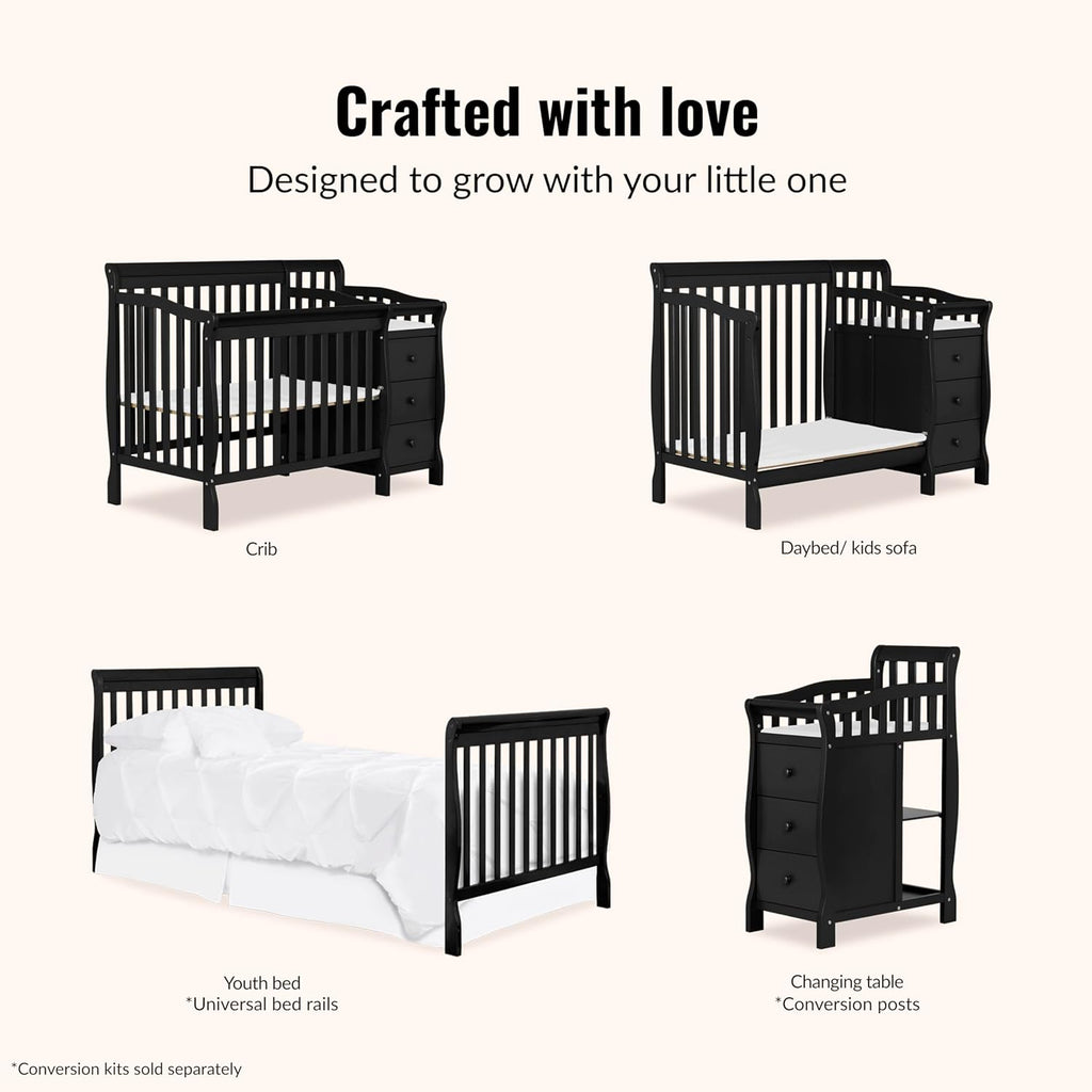 Dream On Me Jayden 4‑in‑1 Mini Convertible Baby Crib & Changer with Storage in Black, Pinewood, GreenGuard Gold & BSA, 1” Mattress Pad, 3 Mattress Heights, Converts to Mini Day & Twin-Size Bed