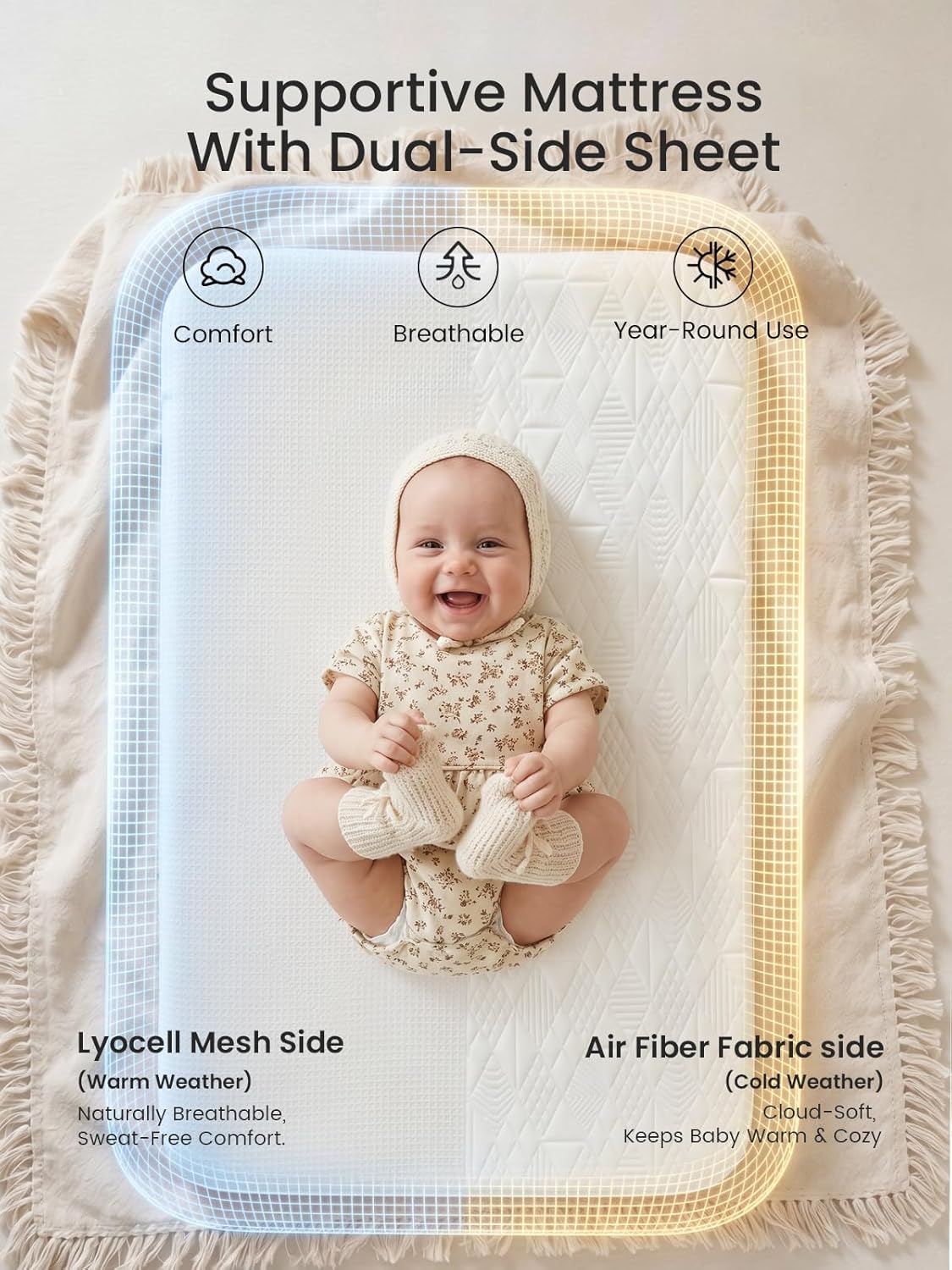 GROWNSY 5-in-1 Baby Bassinet Bedside Sleeper with Gentle Rocking Mode, 6 Adjustable Heights, Full Breathable Mesh, Convertible to Portable Crib, Bassinets with Mattress & Wheels, Beige