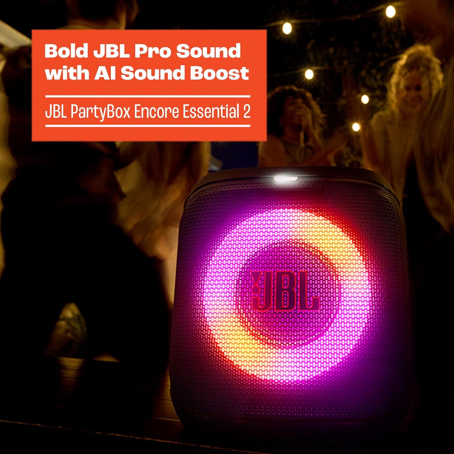 JBL PartyBox Encore Essential 2 - Portable Battery-Powered Party Speaker with AI Sound Boost, Up to 15 Hours of Play time, IPX4 Splash Proof, and Multi-Speaker Connection by Auracast (Black)