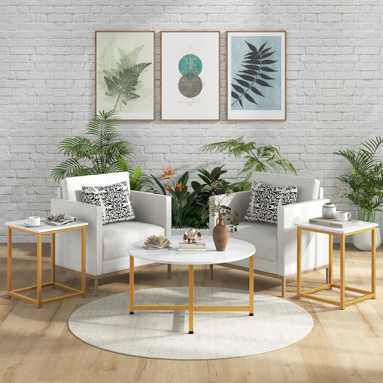 Giantex Round Nesting Table Set of 3, Modern Faux Marble Coffee Table w/2 End Tables, Sturdy Metal Frame, 3-Piece Wooden Living Room Table Set for Home Office, Apartment (White & Gold)