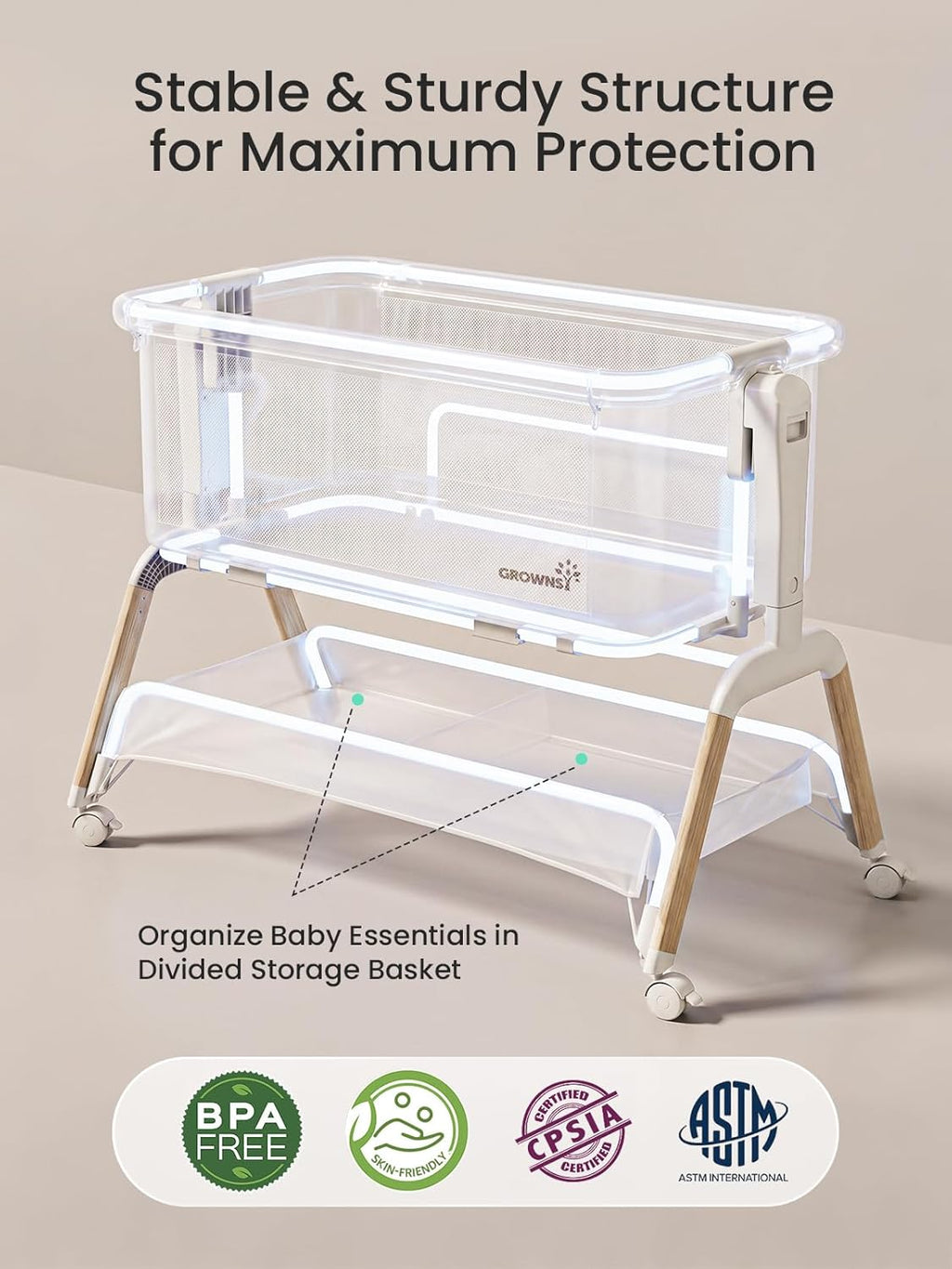 GROWNSY 5-in-1 Baby Bassinet Bedside Sleeper with Gentle Rocking Mode, 6 Adjustable Heights, Full Breathable Mesh, Convertible to Portable Crib, Bassinets with Mattress & Wheels, Beige
