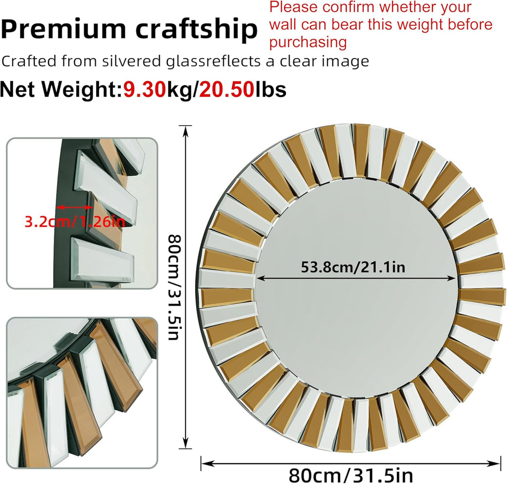 Round Wall Mirror Decorative Sunburst Silver-Brown Crystal Edge 32 inch