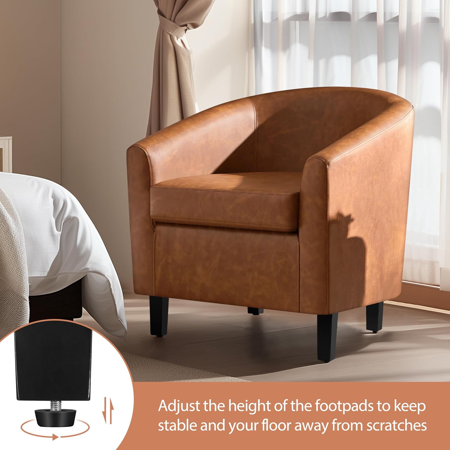 Yaheetech Brown Accent Chairs Set of 2, Faux Leather Barrel Chairs, Comfy Modern Leather Club Armchairs with Soft Seat for Living Room Bedroom Reading Waiting Room