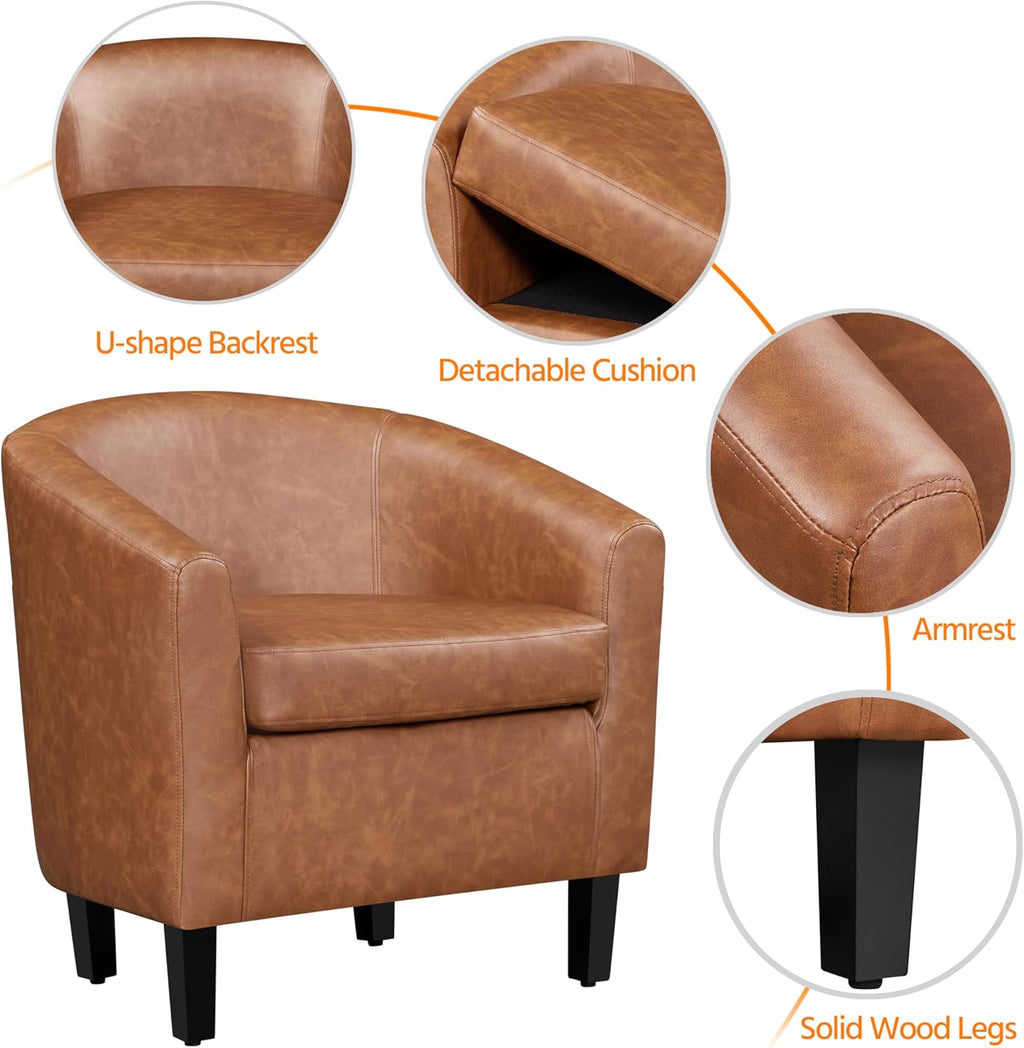 Yaheetech Brown Accent Chairs Set of 2, Faux Leather Barrel Chairs, Comfy Modern Leather Club Armchairs with Soft Seat for Living Room Bedroom Reading Waiting Room
