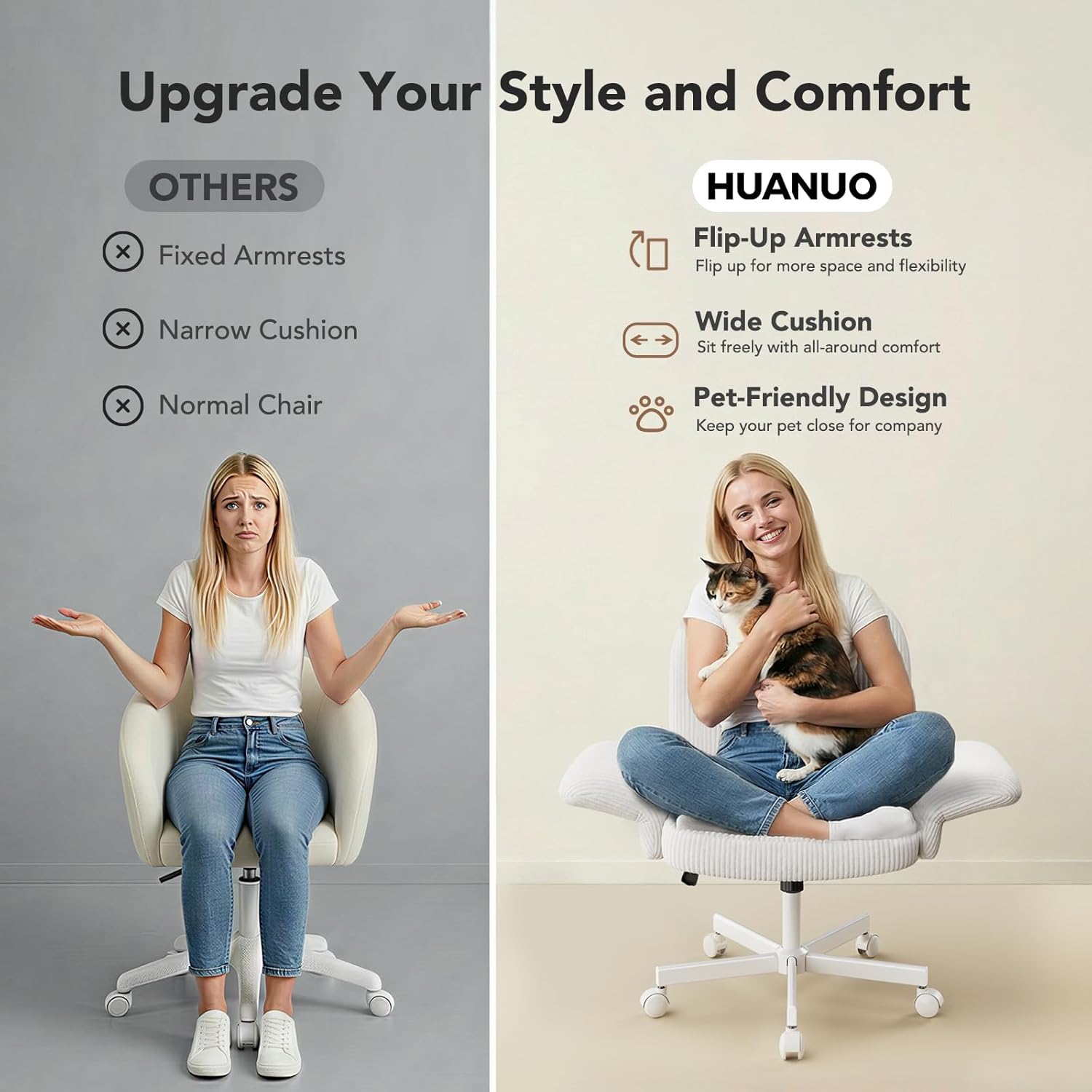 HUANUO Criss Cross Office Chair for Women, Cross Legged Desk Chair with Adjustable Armrests, Soft Corduroy Fabric for Small Spaces, Petite Home Office Computer Chair for Girls, White