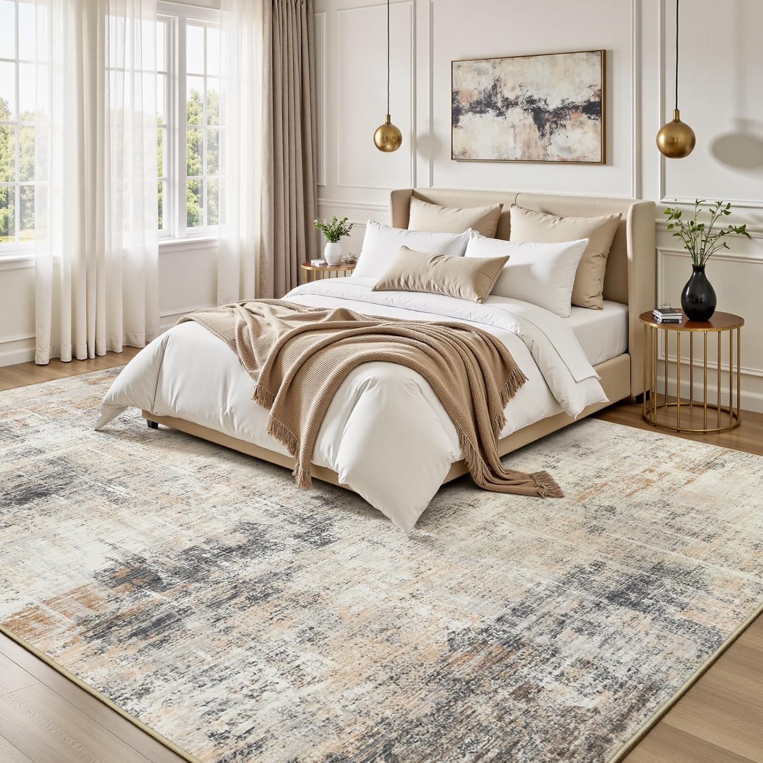 Lofus 9x12 Area Rug for Living Room,Gold Abstract Large Rugs with Non-Slip Backing, Neutral Modern Washable Carpet for Bedroom Dining Room Home Office Nursery Indoor