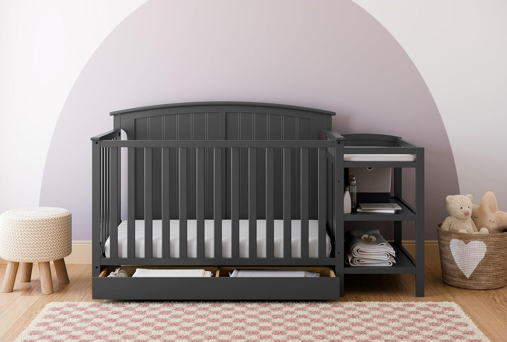 Storkcraft Steveston 5-in-1 Convertible Crib & Changer – GREENGUARD Gold Certified, Fits Standard Crib Mattress, Converts to Toddler Bed and Full Bed, 4 Adjustable Mattress Heights (Gray)