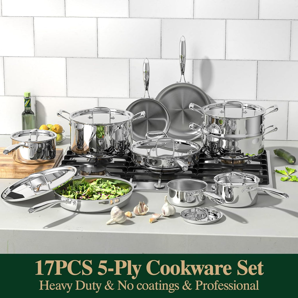 Umite Chef 17Pcs 5 Ply Clad Stainless Steel Cookware Set with Lids, Heavy Duty Pots and Pans Kitchen Set, Induction-Ready, Dual Aluminum Core for Even Heat, Cool Grip Handles, Dishwasher Safe
