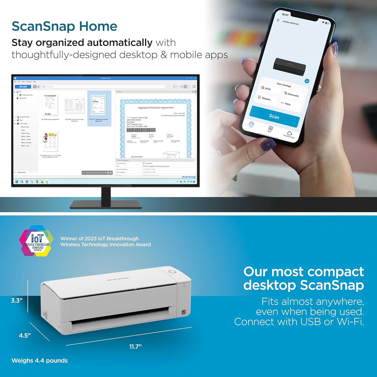 ScanSnap iX1300 Compact Wireless or USB Double-Sided Color Document, Photo & Receipt Scanner with Auto Document Feeder and Manual Feeder for Mac or PC, White