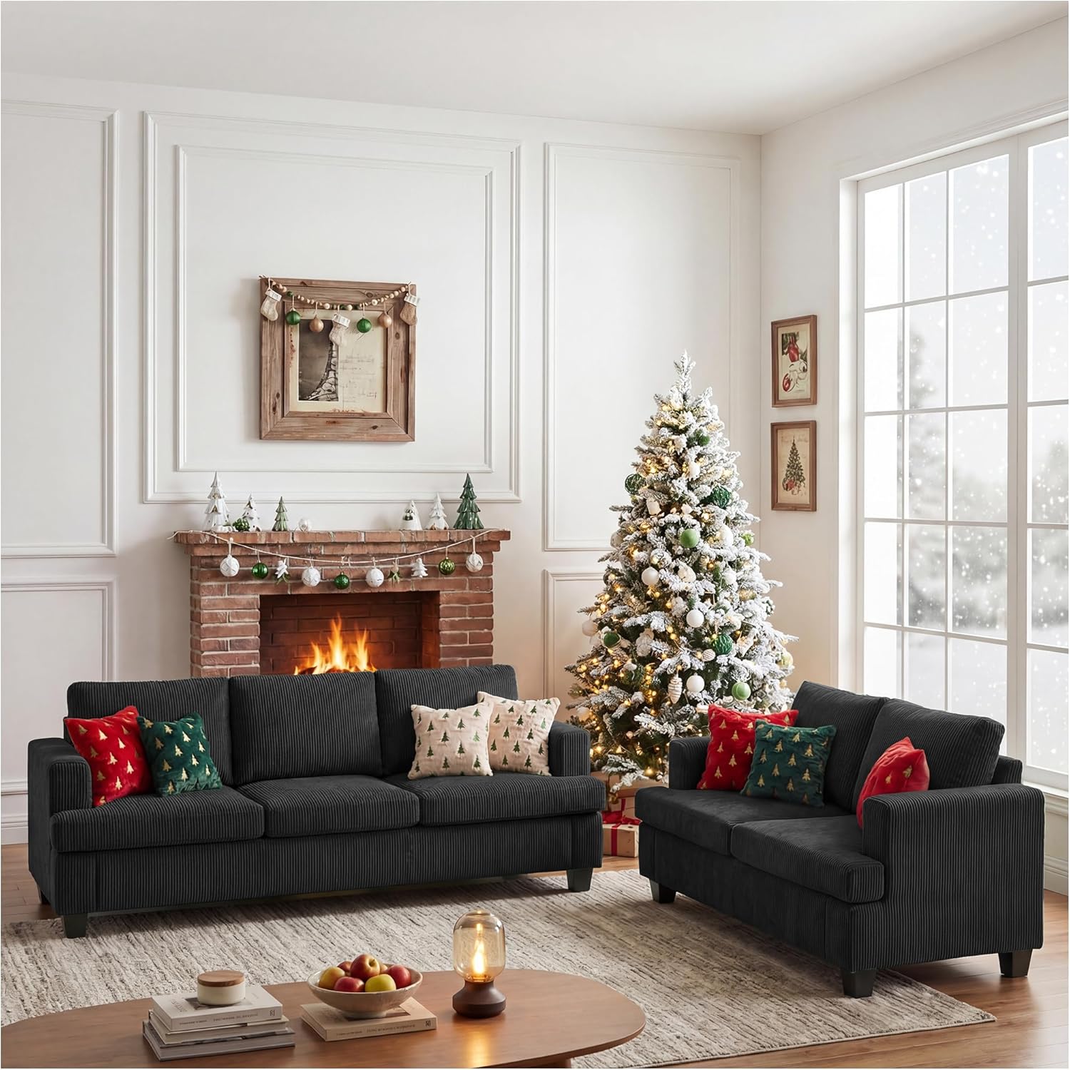 Apicizon Loveseat & 3 Seater Sofa Sets, 89" Couch Sofa Set for Living Room Furniture, 2 Piece Modern Sleeper Sofa with Deep Seat Cloud Couch for Apartment Lounge, Black Corduroy
