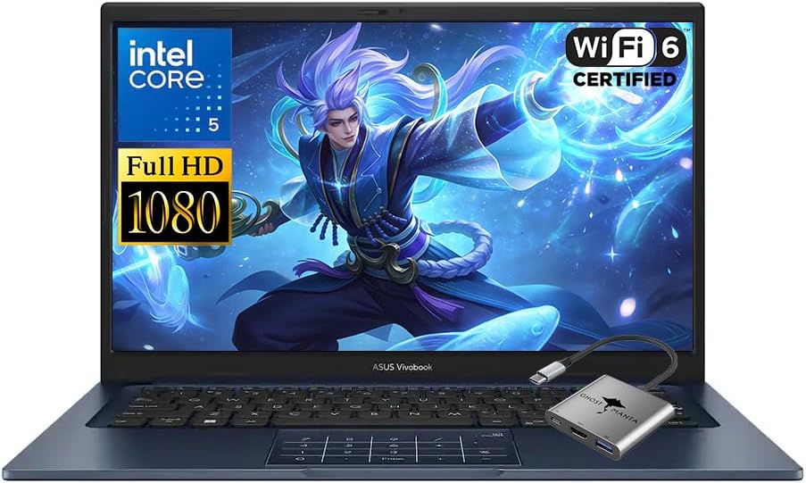ASUS Vivobook 14 14" FHD Laptop, Intel 10-Core 5 120U(Up to 5GHz), 8GB RAM 512GB SSD, Win 11 WiFi 6 Bluetooth Laptop for Creator Business Gaming Student Study Work w/GM Accessory