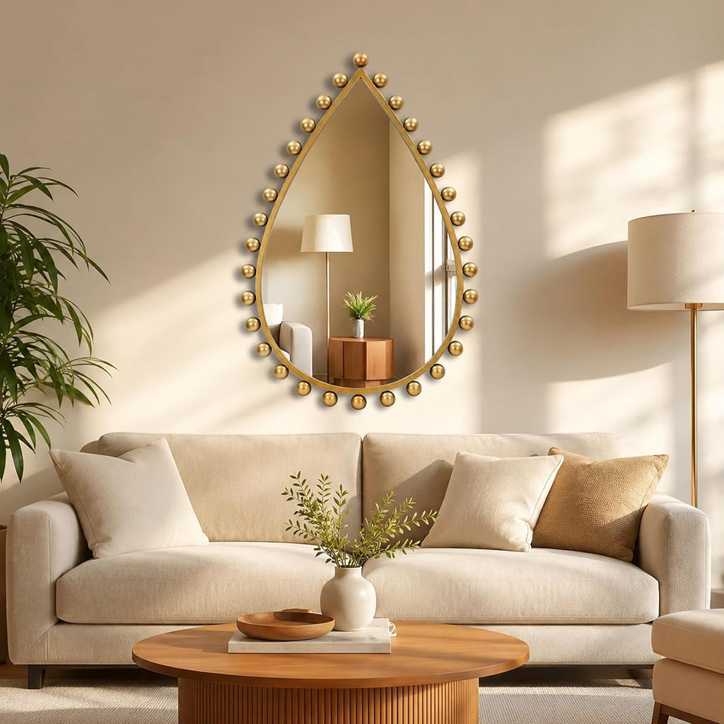 Antique Gold Teardrop Mirror Unique with Ball Frame – 24"x36" Beaded Large Decorative Ornate Wall Mirror for Bathroom, Bedroom, Living Room, Hallway