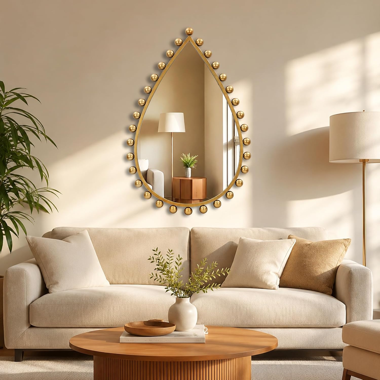 Antique Gold Teardrop Mirror Unique with Ball Frame – 24"x36" Beaded Large Decorative Ornate Wall Mirror for Bathroom, Bedroom, Living Room, Hallway