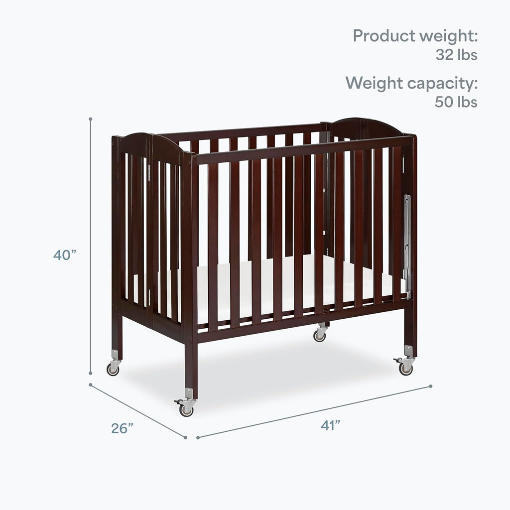 Dream On Me 3-in-1 Portable Folding Stationary Side Mini Baby Crib in Espresso & Mattress, GreenGuard Gold & JPMA, Use as Changer & Playpen, Locking Wheels, 3 Mattress Heights, Extra Firm Mattress