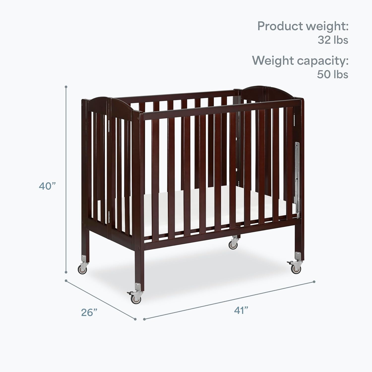 Dream On Me 3-in-1 Portable Folding Stationary Side Mini Baby Crib in Espresso & Mattress, GreenGuard Gold & JPMA, Use as Changer & Playpen, Locking Wheels, 3 Mattress Heights, Extra Firm Mattress