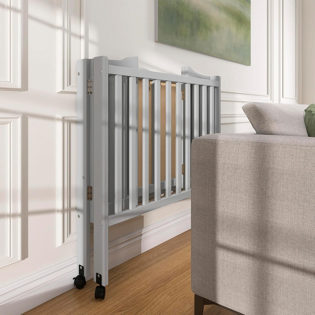Dream On Me 2-in-1 Lightweight Folding Portable Stationary Side Crib in Pebble Grey, Greenguard Gold Certified, Baby Crib to Playpen, Folds Flat for Storage, Locking Wheels