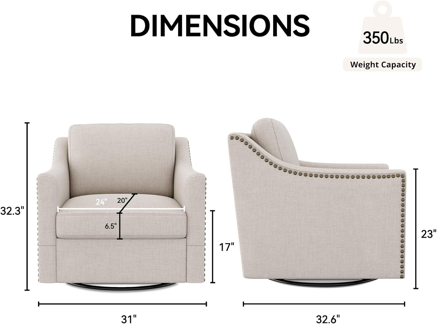 Swivel Accent Chair Set of 2, Modern Comfy Linen Upholstered Barrel Armchair with Nailhead Decor and Metal Base, Soft Oversized Round Chair for Living Room, Bedroom, Club (2, Beige)