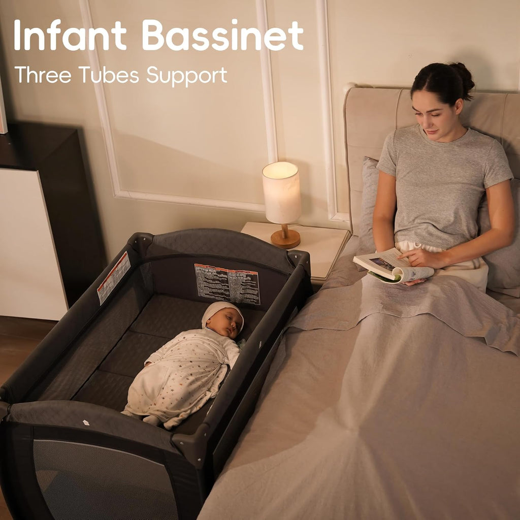 Pamo Babe Pack and Play 4 in 1 Playard Portable Playard Foldable Playpen for Baby and Toddler Portable Crib Mattress Diaper Changer for Newborn (Grey)