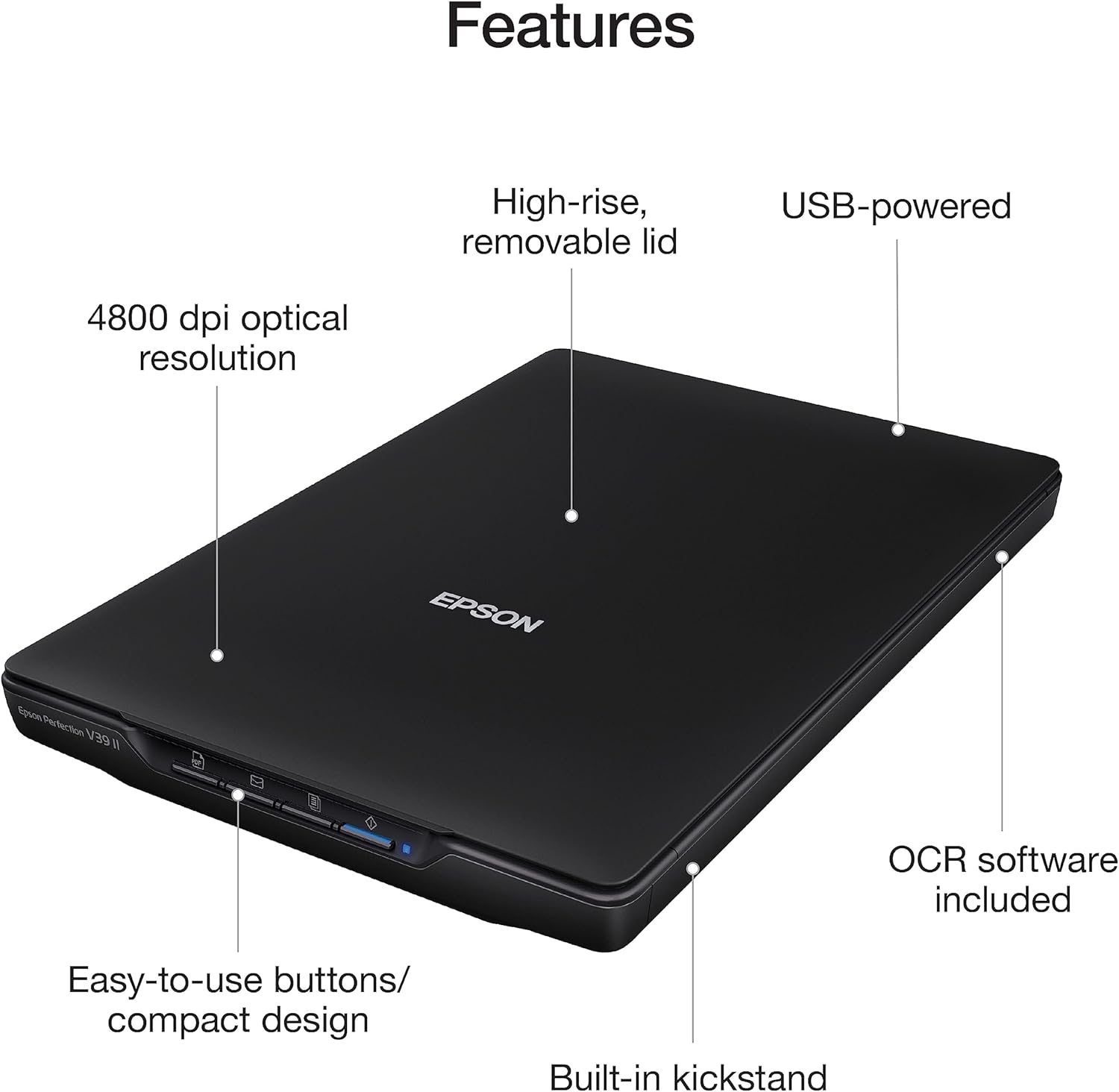 Epson - Perfection V39 II - Color Photo, Tax Receipt & Document Flatbed Scanner - 4800 dpi Optical Resolution - High-Rise, Removable Lid - Scan to Cloud - USB Power - Image Scanning - Black