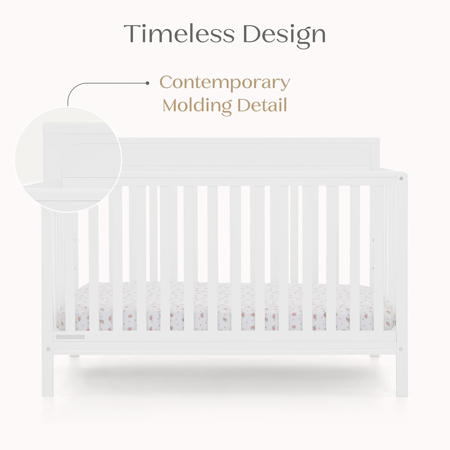 Delta Children Isabelle 6-in-1 Convertible Crib, Converts to Toddler Bed, Daybed, Sofa & Full Bed With/Without Footbaord, Fits Standard Crib Mattress, 3 Mattress Heights for Baby Nursery, Bianca White