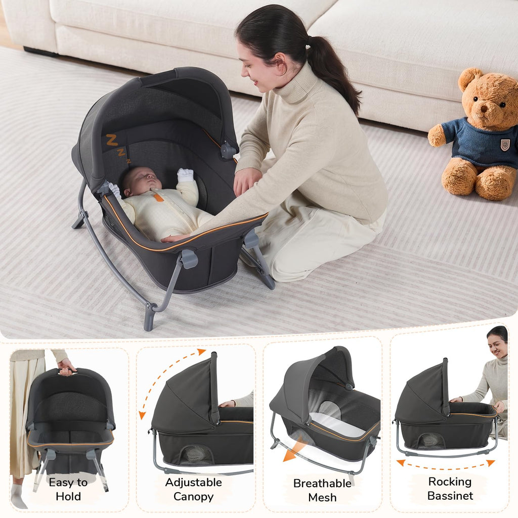 Pamo Babe 6-in-1 Pack and Play with Bassinet, Deluxe One-Step Setup Baby Bassinet with Changing Table, Sleeper Nest, Storage Bag, 4 Wheels Portable Crib Travel Playpen for Baby and Toddler (Gery)