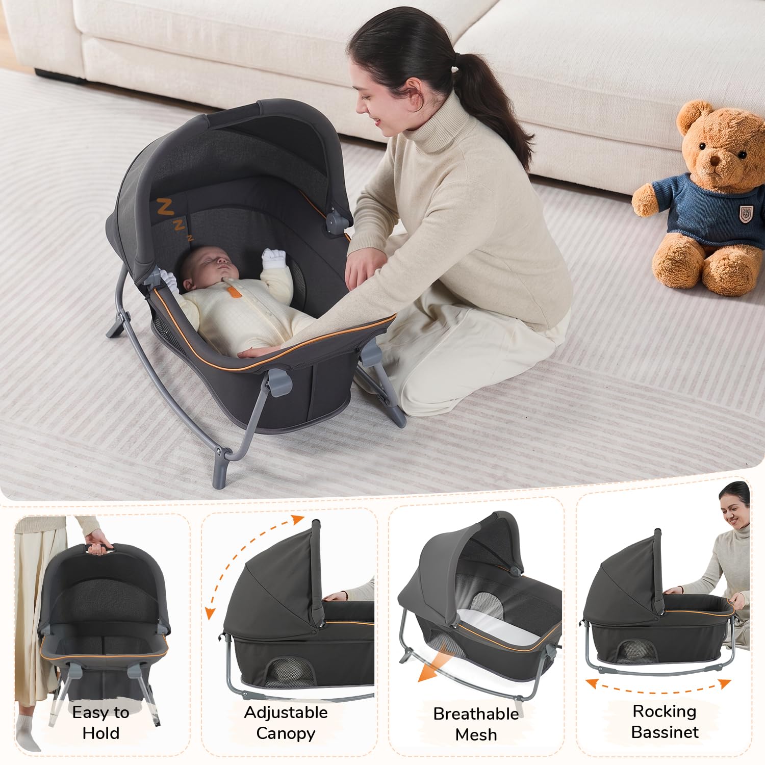 Pamo Babe 6-in-1 Pack and Play with Bassinet, Deluxe One-Step Setup Baby Bassinet with Changing Table, Sleeper Nest, Storage Bag, 4 Wheels Portable Crib Travel Playpen for Baby and Toddler (Gery)
