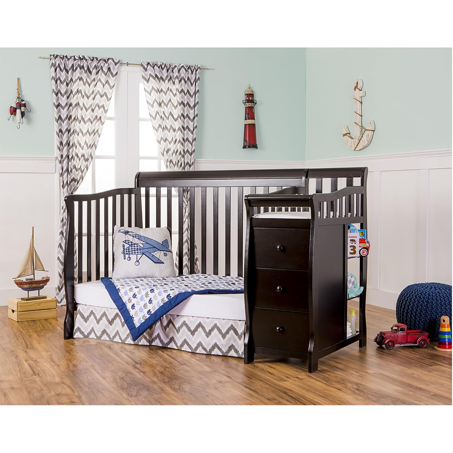 Dream On Me Brody 5-in-1 Convertible Full-Size Baby Crib & 3-Drawer Changer in Black, Pinewood, GreenGuard Gold & BSA, 1” Changer Pad, 3 Mattress Heights, Converts to Toddler & Full Size Bed