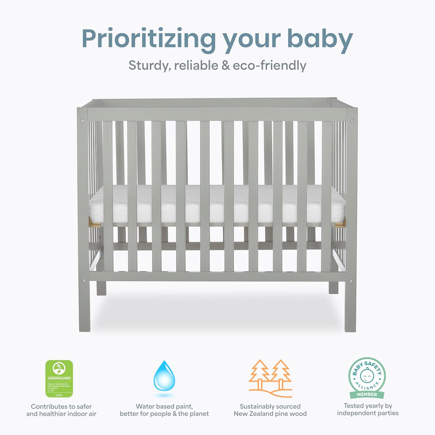 Dream On Me Edgewood 4-in-1 Convertible Mini Baby Crib in Cool Grey GreenGuard Gold & BSA, Non-Toxic, Compact 40×25×33″ Design, Converts to Mini Daybed & Twin Bed (Rails to Buy) 1″ Mattress Pad