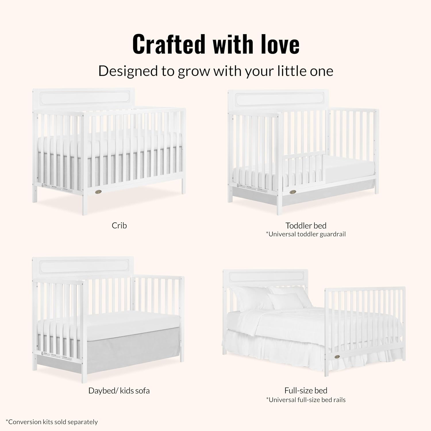 Dream On Me Avery 5-in-1 Convertible Full-Size Baby Crib in White, Converts to Toddler Bed, Daybed & Full-Size Bed, 3 Adjustable Mattress Heights, Greenguard Gold & BSA Certified