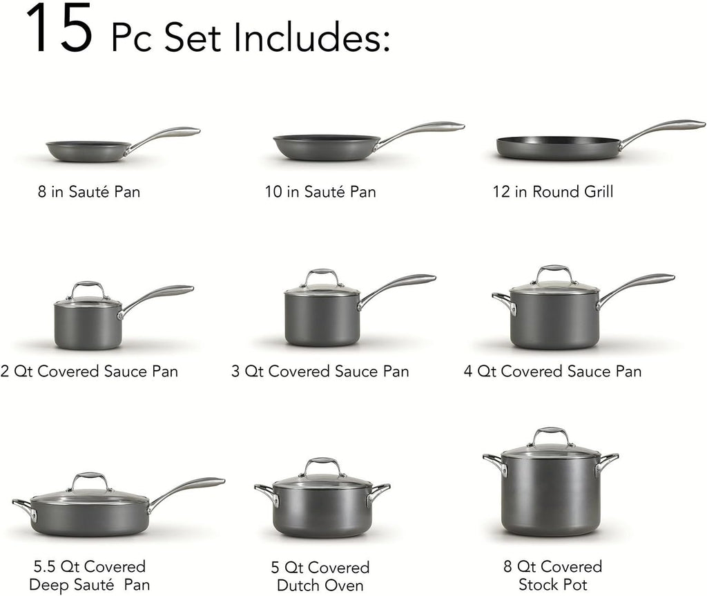 15pc Tramontina Heavy-Gauge Hard Anodized Non-Stick Cookware Set-Black