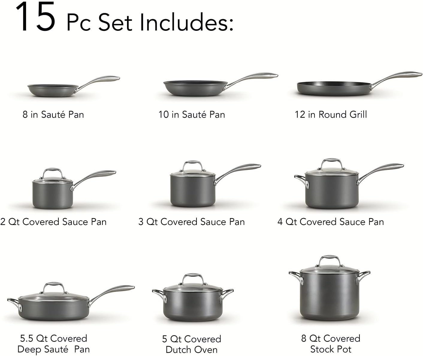 15pc Tramontina Heavy-Gauge Hard Anodized Non-Stick Cookware Set-Black