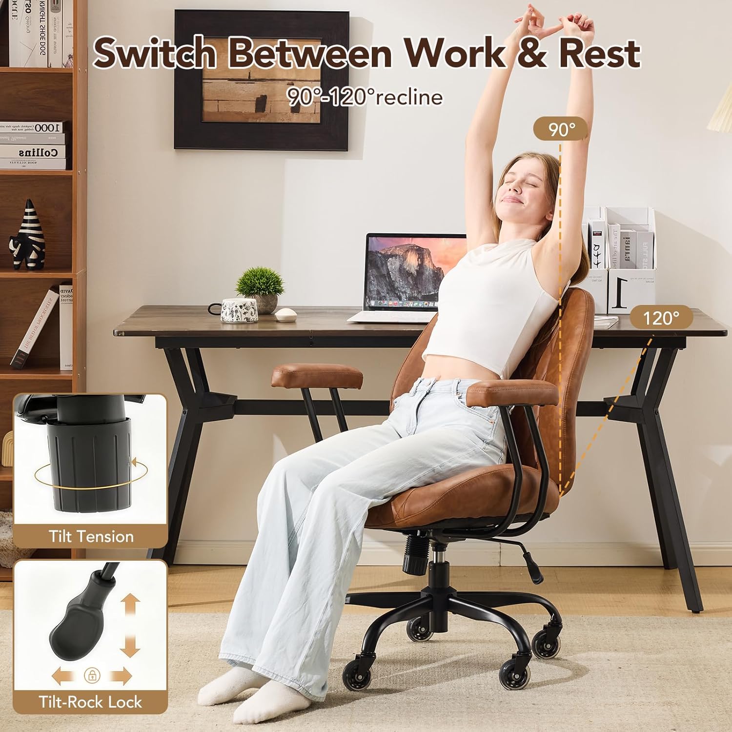 YFO Home Office Desk Chair Office Rubber Casters Ergonomic Computer Chair with Lumbar Support Adjustable Height Rolling Swivel Executive Task Armrests Chair . Brown Leather