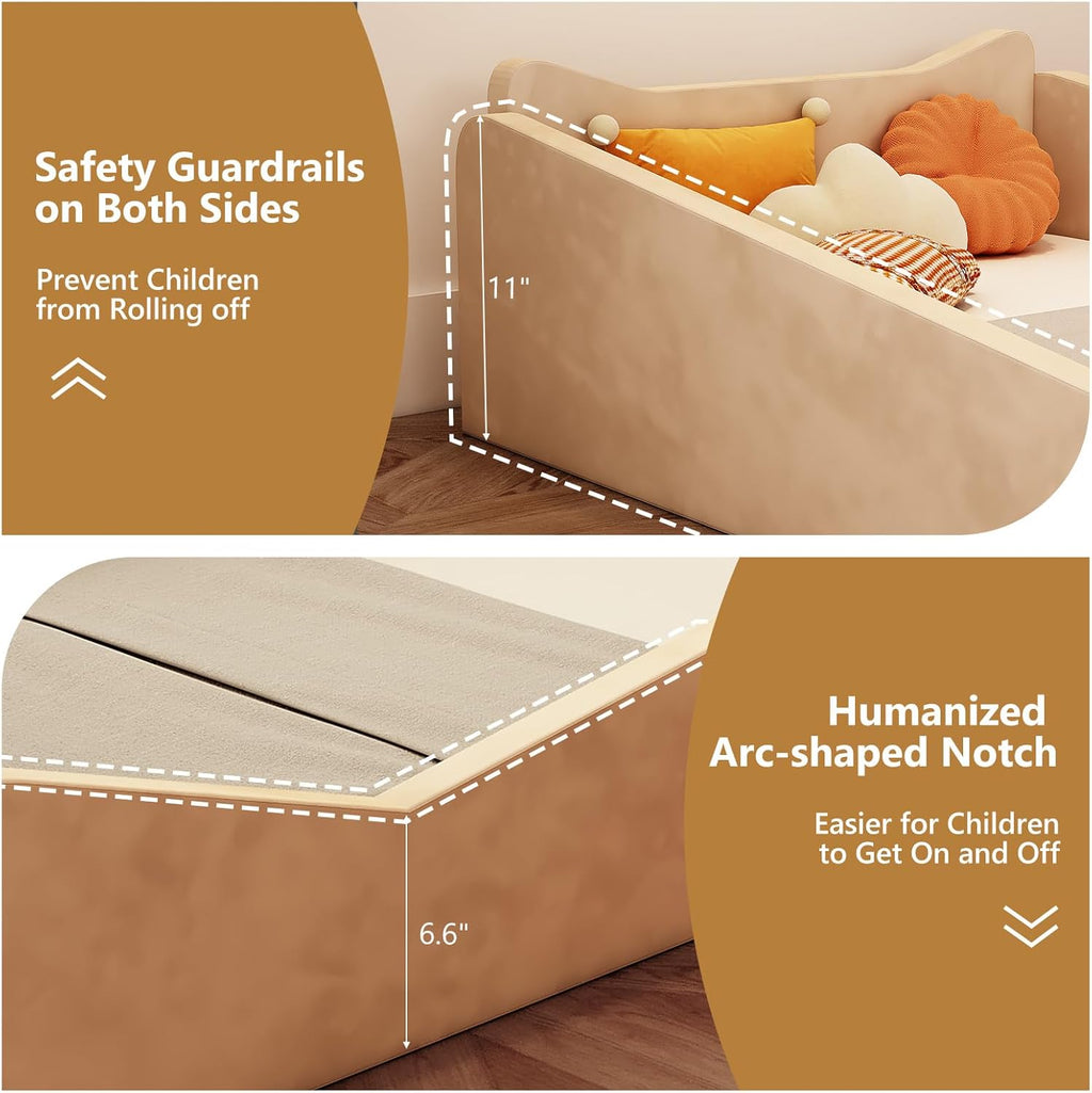 JOYMOR Toddler Bed, Floor Bed with Safety Guadrail, Montessori Toddler Bed with Animal Ear Shapes, Soft Velvet Wood Bed for Infant, Kids, Mattress not Included (Beige)