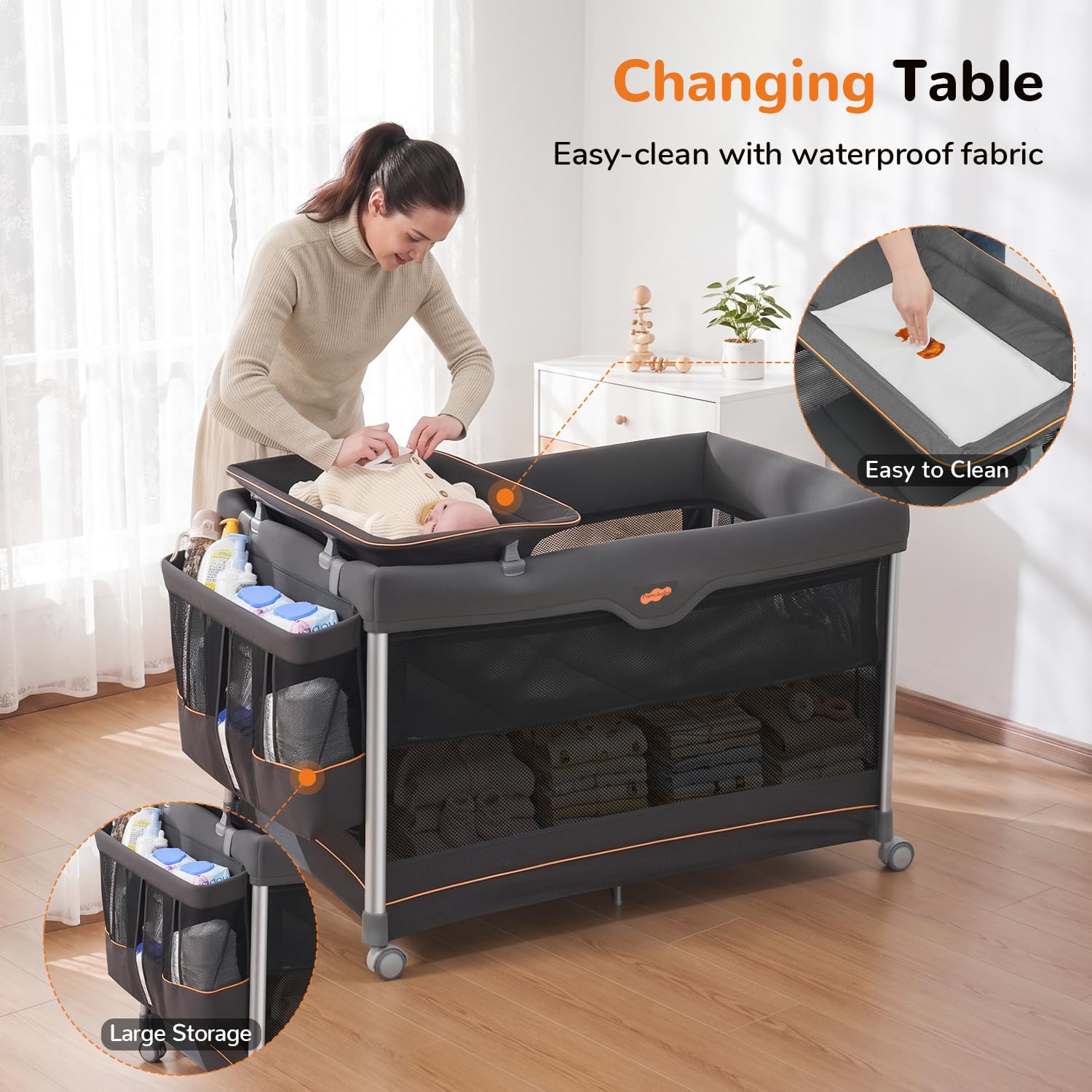 Pamo Babe 6-in-1 Pack and Play with Bassinet, Deluxe One-Step Setup Baby Bassinet with Changing Table, Sleeper Nest, Storage Bag, 4 Wheels Portable Crib Travel Playpen for Baby and Toddler (Gery)